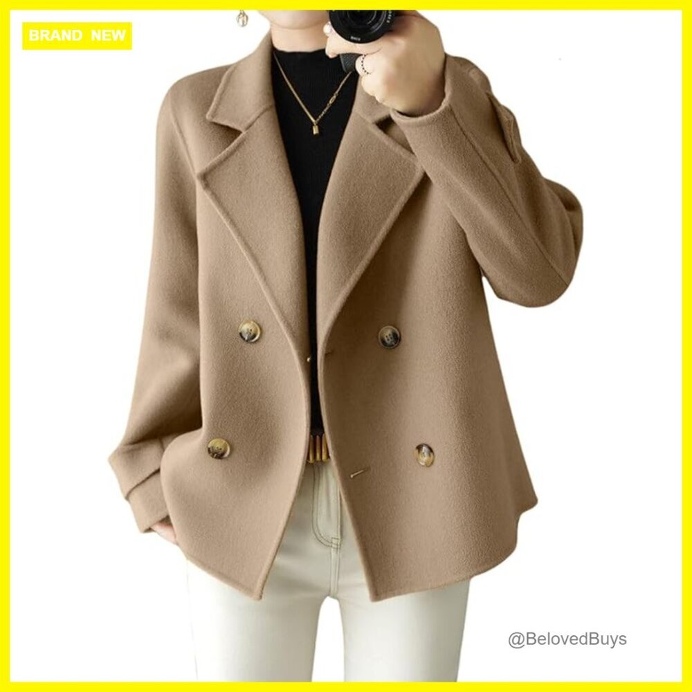 Wool Blend Pea Coat Blazer Loose Fit Double Breasted Business Casual